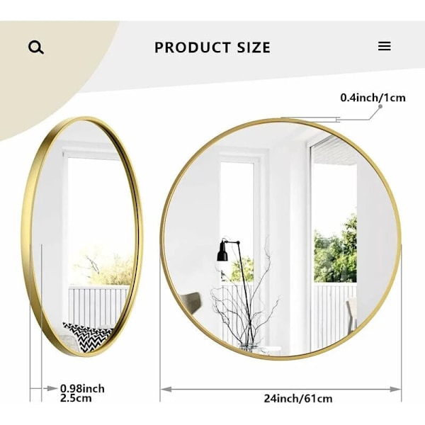 AIDUCHO Stort Gullfarget Rundt Veggspeil HD Glass i Gang, Baderom, Soverom, Leilighet, Gjestetoalett, 60cm