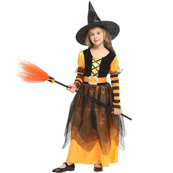 Halloween-kostym för barn, häxa prinsessa med hatt, maskeradhäxa, scenkläder, campusdrama, scenkläder MJ51 L(120-130) yellow