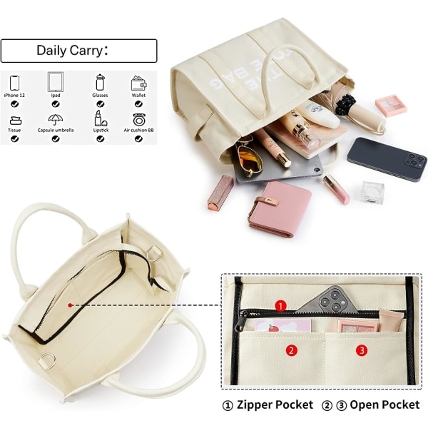 IC The Tote Bag Dame Canvas Tote Tasker Tyk Canvas Crossbody Skuldertasker med Lynlås og Skulderrem til Arbejde Skole Rejser Shopping