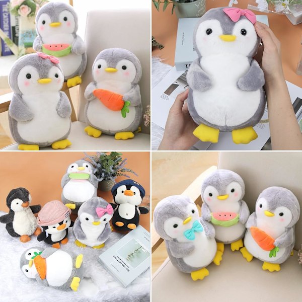 Plushdjur Pingvin Gosedjur för Flickor Mjukt Gosedjur för Gos och Lek Squishmallow Pingvin Plush för Flickor (Pingvin med Rosett, 25cm) Grå pingvin