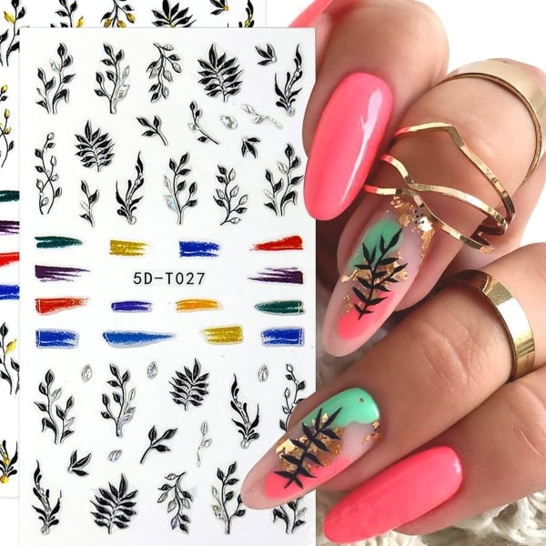 IC Blomma Nageldekaler 5D Präglade Graverade Nagelstickers Vår Sommar Nagelkonst Tillbehör Blommiga Blad Ros Tulpan 4 ST