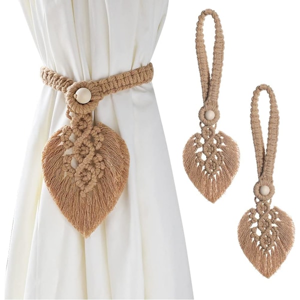 Sett med 2 Boho Gardinholdere, Blad Bomulls Makrame Gardin Klips