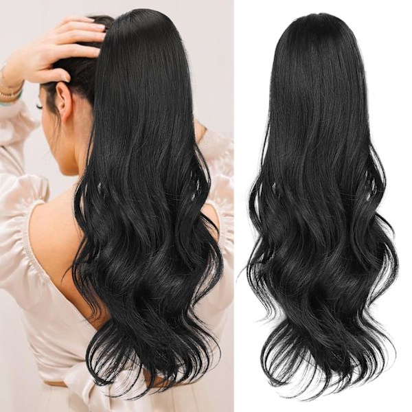 Ponytail Extensions, 22 inch Black Long Drawstring Wavy Clip in Ponytail Hair Extensions Layered Synthetic Hairpiece for Women