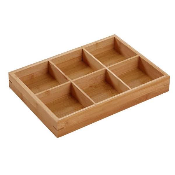 Serveringsbakke i træ med 6 rum, opdelt snackfad og køkkenorganisatorfad (natur) Six-compartment tray