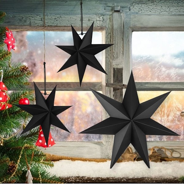 Hängande Juldekorationer, 5 st Hängande Svarta Stjärnor, Svart Pappersstjärna, 3 st Diameter 25cm, 2 st Diameter 40cm för Bröllop, Julparty, DIY Svart