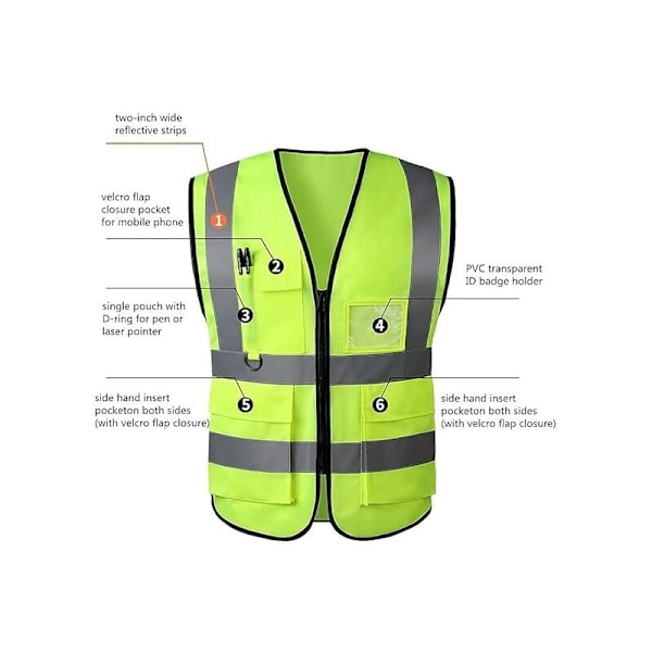 Refleksvest med høy synlighet og glidelåslommer foran - Oppfyller ANSI/ISEA-standarder (Størrelse: L)