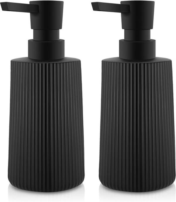 Sæbedispenser, genopfyldelig ribbet glas pumpeflaske til badeværelse og køkken, 250 ml, mat sort