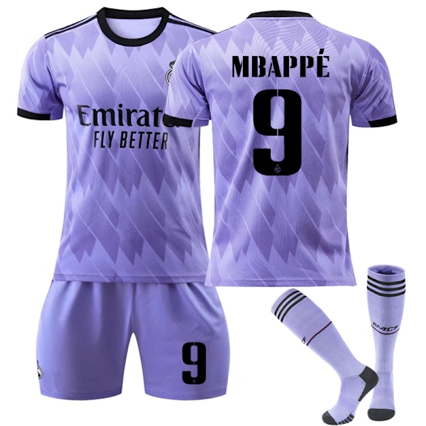 2022-23 Real Madrid Børneudebanesæt nr. 9 Mbappé Kids 24(130-140cm)