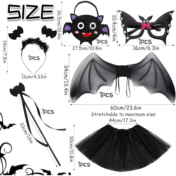 Lasten tyttöjen Halloween-asu Lasten tyttöjen Halloween-asu LED-tullehame Lepakko siivet Taikasauva Hiuspanta Maski Huopapussi Cosplay-asu Halloween-juhliin 6 kpl
