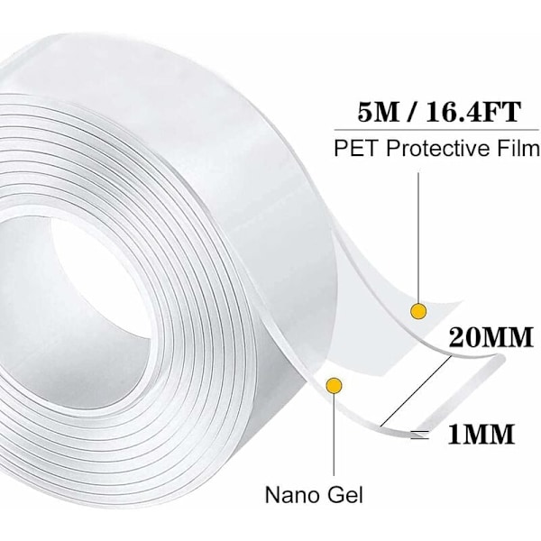 5M Ekstra Sterk Dobbeltsidig Tape, Vaskbar Transparent Nano Tape, Fjernbar Sporløs Dobbeltsidig Gel