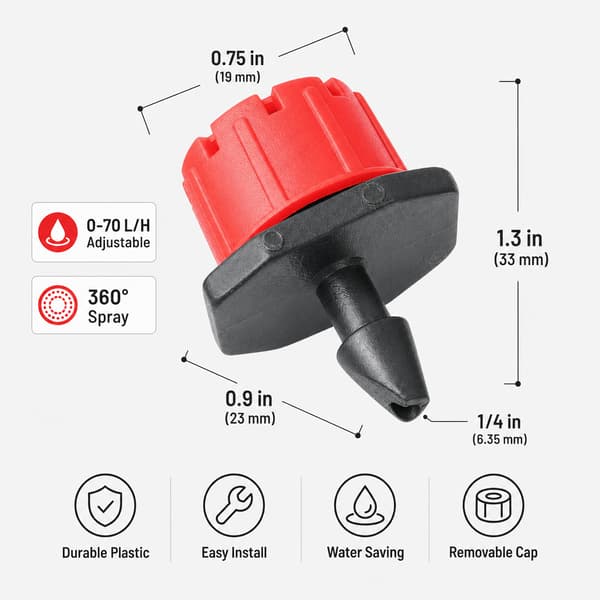 Säädettävät kastelusuuttimet puutarhan nurmikon kasteluun, punainen, 50 kpl Adjustable flow dripper (0-70)