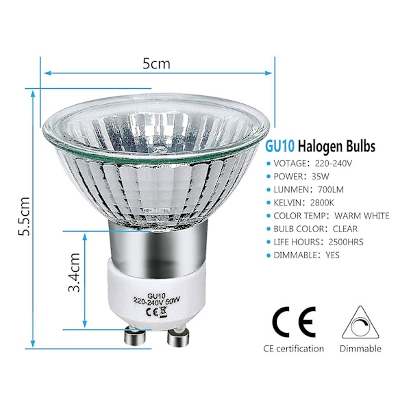 8-pack GU10 Halogenlampor 35W, 220V, Varmvit 2800K