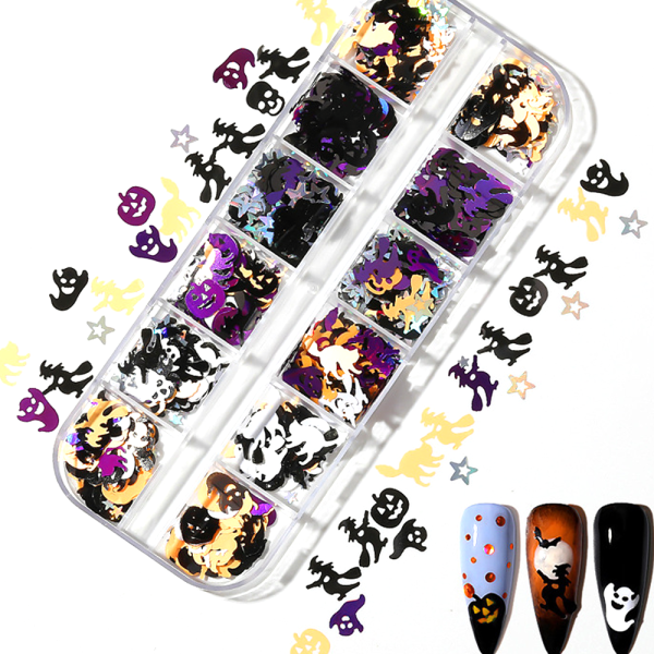 IC Halloween Nagelpaljetter, Pumpa Fladdermus Nagelkonst Paljetter Glitter stil 2