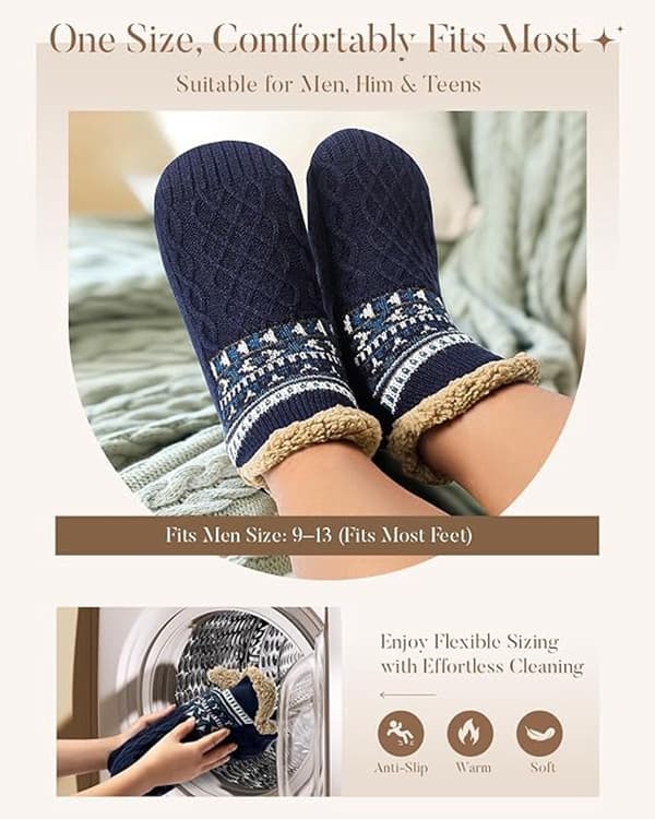 Varma halkfria toffelsockor med plyschfoder och greppsula för män och kvinnor inomhusbruk marinblå storlek 40 42 1 par