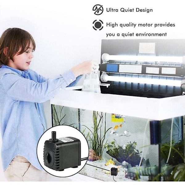 Senkbar Vannpumpe, 600L/T 8W Vannpumpe, for Akvarium Bordfontener, Dam Vannhager og Hydroponiske Systemer, med 2 Dyser, AC220-240V