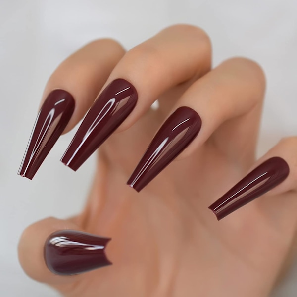 Salong Ultra Long Coffin Ballerina Display C Curved Falska Falska Naglar Bourgogne Mörk Röd Ingen Lim Solid Färg Artificiell Målad Press On Nail Art