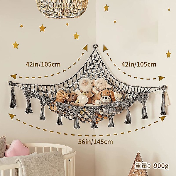 Boho Opbevaringsnet til Udstoppede Dyr (Ekstra Stor) og Udstoppede Dyrs Net eller Hængekøje til Små Udstoppede Dyr eller Plyslegetøj Dark gray 105*105*145