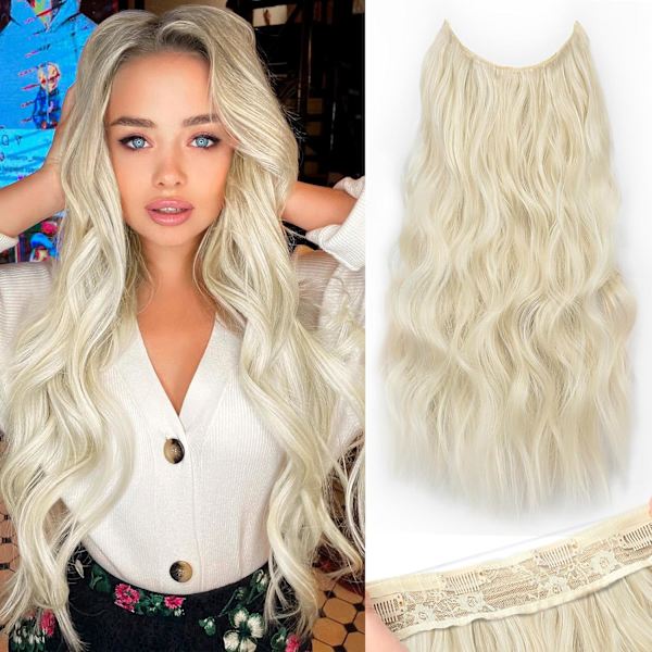 Usynlige trådhår extensions med transparent tråd Justerbar størrelse 4 sikre klips Lang bølget hemmelig hårstykke 20 tommer platinblond for kvinner