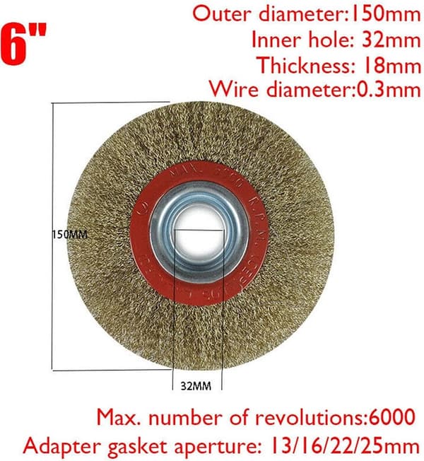 Stålbørstehjul, 6″ 150 mm for benksliper, polering av rust, maling og metallgrader