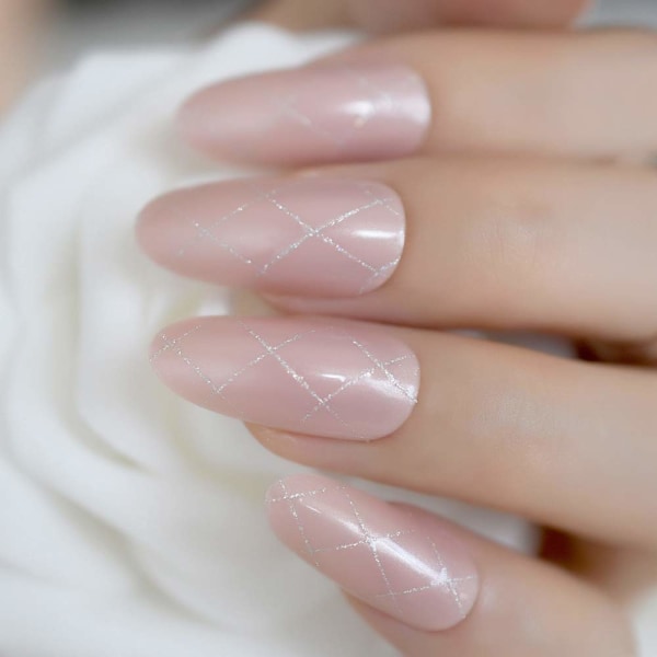 Sexy Strømpebuksemønster Falske Negler Beige Naturlig Lang Trykk på Negler Gel Shine Manikyr Tips