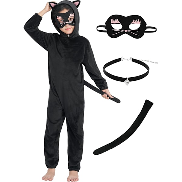 Sort Kattekostume til Børn, 3-delt Jumpsuit med Hætte, Fastelavnskostume, Drenge, Piger, Rollespil til Halloween, Karneval, Fest 3-10 År 7-8 Jahre