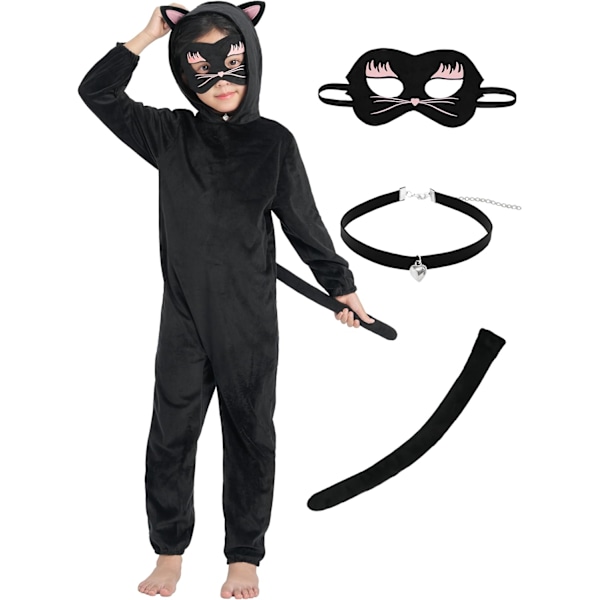 Svart Kattkostym för Barn, 3-Delad Jumpsuit med Huva, Maskeradkläder, Pojkar, Flickor, Rollspel för Halloween, Karneval, Fest 3-10 År 7-8 Jahre