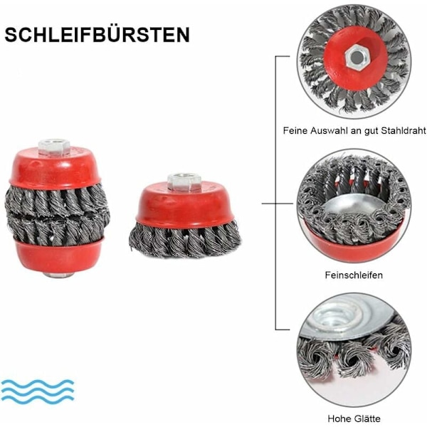 Konisk borste för vinkelslip, metall/stål, tvinnad tråd, flexibel, diameter: 75 och 100 mm, fästgänga: M14, 4 stycken
