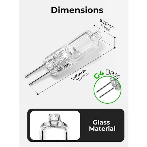 G4 Halogenpærer, 20W G4 Pære, 12V Halogen Pin Base Lampe, Varmhvit 2700K, 300LM, G4 Lavvolt Halogenlampe, Klar Kapsel Lampe, 10 Pakning