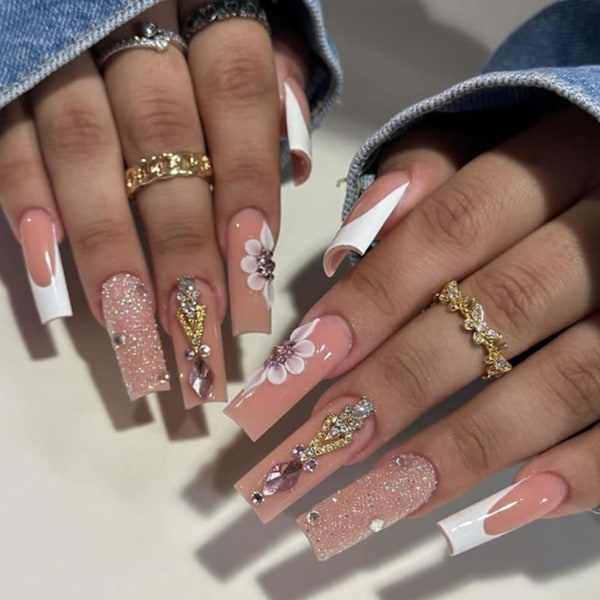 Lange firkantede tryk på negle Daisy falske negle franske negle tips fuld dækning Bling Crystal Gem Design falske negle til kvinder og piger 24 stk, nøgen