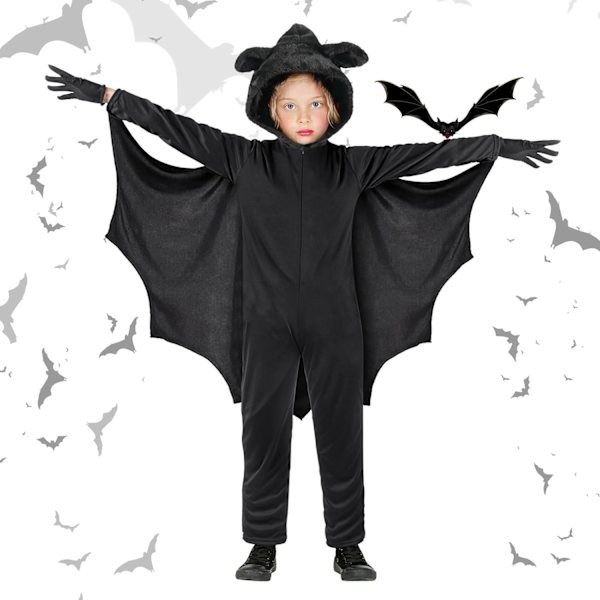 Børneflagermuskostume, Sort Flagermuskostume, Flagermuskostume, Halloweenkostume, Karneval, Kappe, Flagermuskostume, Maskerade Kostumer svart Medium