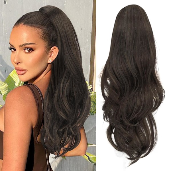 Hestehale Extensions, 22 tommer Mørkebrun Langt Snøre Bølget Clip i Hestehale Hår Extensions Lagdelt Syntetisk Hårstykke til Kvinder