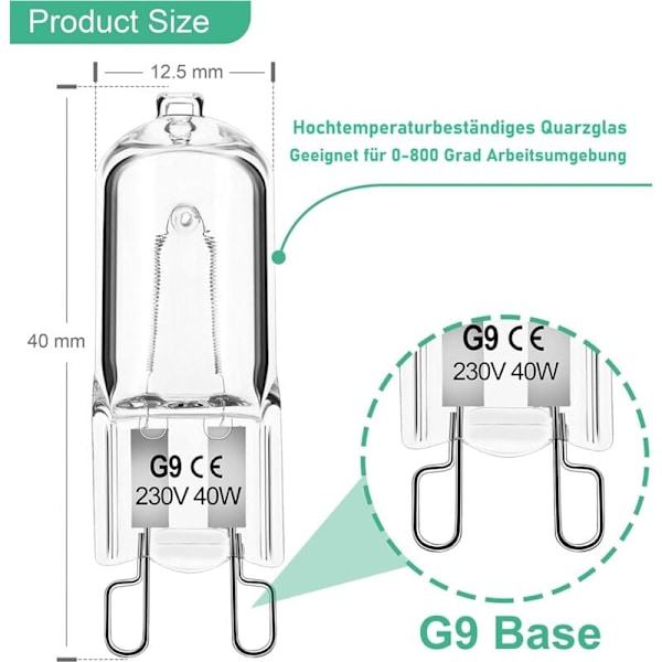 G9 40W 230V Dæmpbar Varm Hvid Pære, G9 Halogenpære 300°C Tolerance, G9 Ovnpære til Mikrobølgeovn Komfur Loftslamper, Pakke med 12