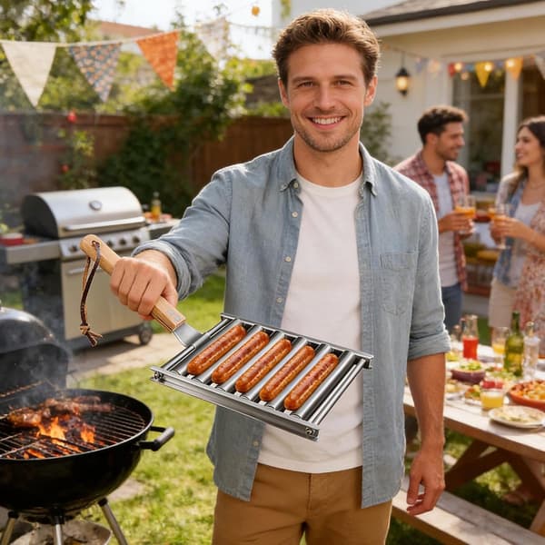 Pølsegrillrist, Rullende BBQ-grill i rustfritt stål med avtakbart trehåndtak for camping, piknik og grilling, sølv