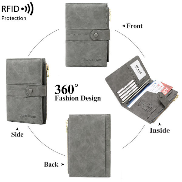 RFID-skyddad reseplånbok med passfodral Grå Grå