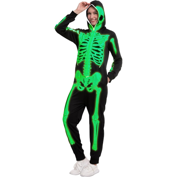Unisex Skelett Onesie Pyjamas Plysch Skelett Jumpsuit Dragkedja Halloween Hoodie Pyjamas för Vuxna Nattkläder Kostym gRÖN M