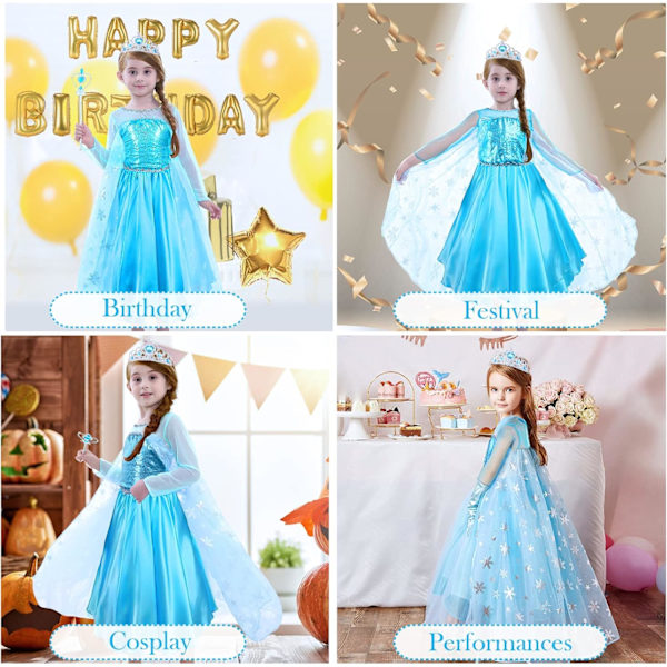 ELSA-kostym för flickor 9-delad set ELSA-klänning med krona tiara handskar trollstav för julmaskerad karneval halloween födelsedagsfest 110 cm