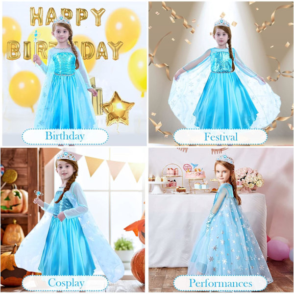 ELSA-kostym för flickor 9-delad set ELSA-klänning med krona tiara handskar trollstav för julmaskerad karneval halloween födelsedagsfest 120 cm
