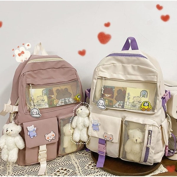 IC Kawaii reppu söpöillä neuloilla ja tarvikkeilla Söpö Kawaii koulureppu Kawaii tyttöjen reppu (vaaleanpunainen)