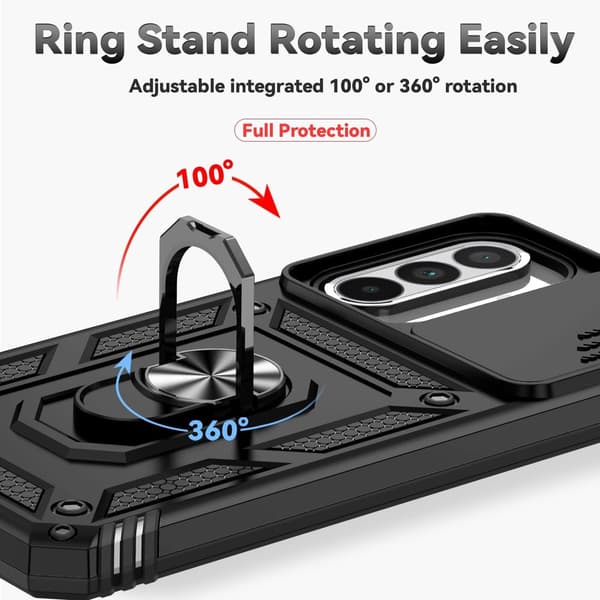 Samsung Galaxy A56 5G Telefonfodral, Hård PC Stötsäker Rustning, Skjutbart Kameraskydd, 360° Ringstativ, Kompatibel med Bilfäste, Svart