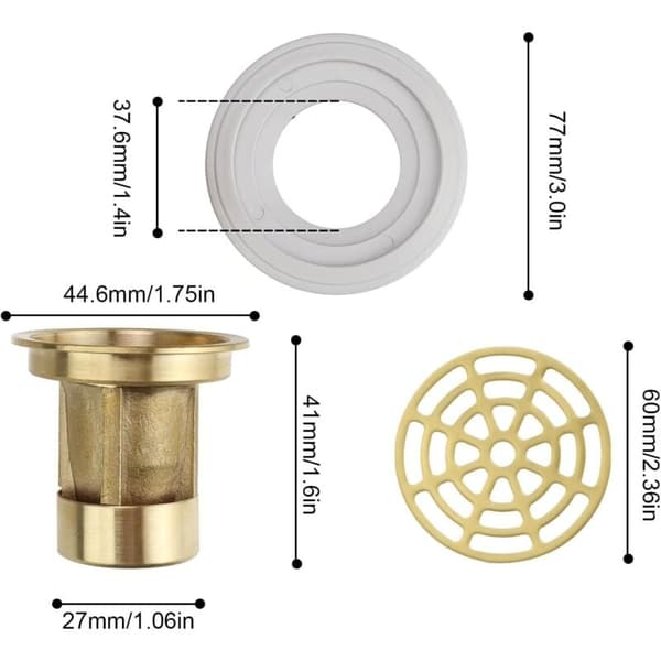 Bruseafløb, bruseafløb med gummiring, bruseprop i kobber, til gulvafløb og badeværelse, til huldiameter 27-55 mm