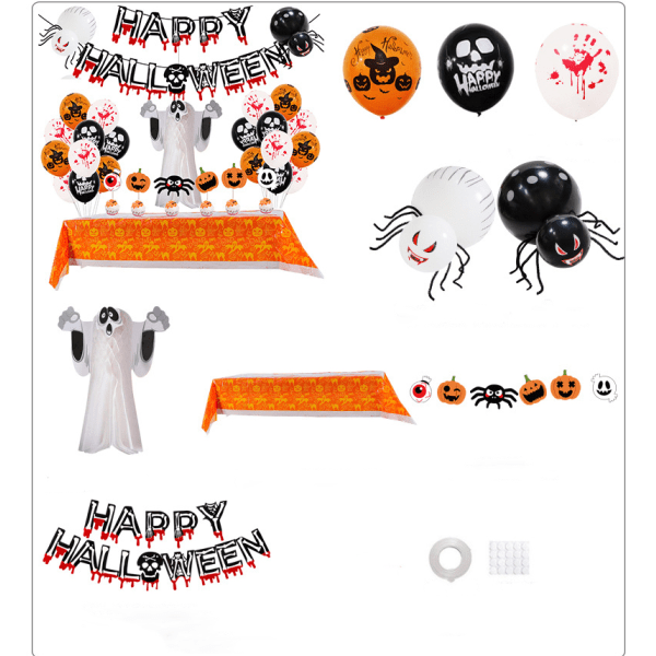 IC Halloween-ilmapallosetti, jossa on verisiä käsiä ja spSLINdel-ilmapalloja, joissa on aave tai pääkallo, sekä juhlakoristeita pöytäliinoille, tyyli E