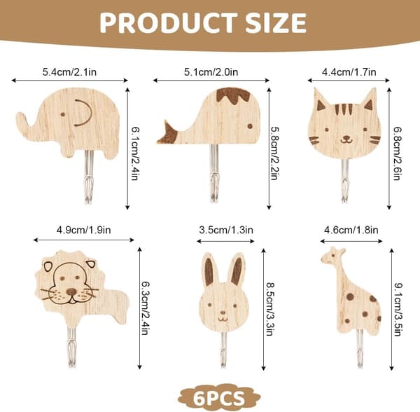 6-piece wall-mounted children's coat rack, wooden wall hooks with animal motifs, self-adhesive bathroom hooks, adhesive hooks, self-adhesive kitchen hooks