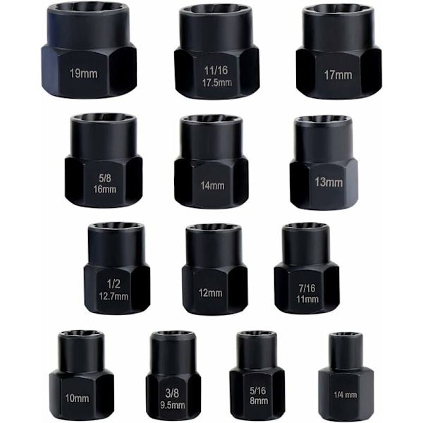 13 stk. Twist Socket Sett, 9,5 mm Skadet Boltuttrekker, Håndtak Mutteruttrekker Socket Sett for Fjerning av Låsehjulsmuttere