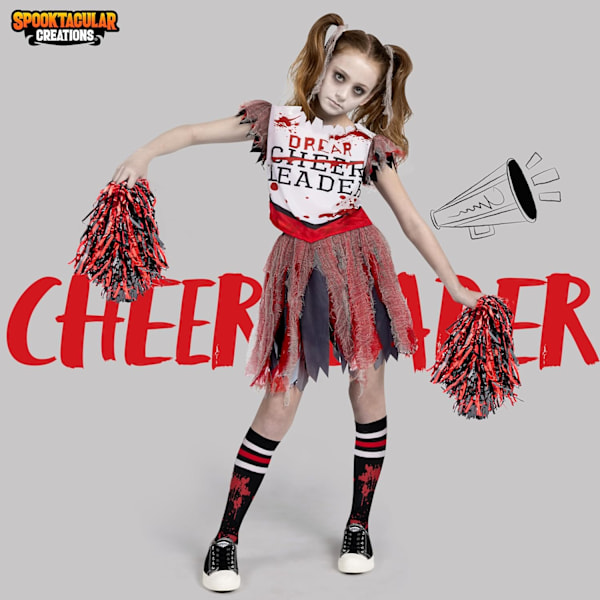 Jente Skummel Blodig Cheerleader Kostyme, Zombie Cheerleader Kostyme for Halloween Klesopptrinn Vit-röd Medium (8-10 yrs)