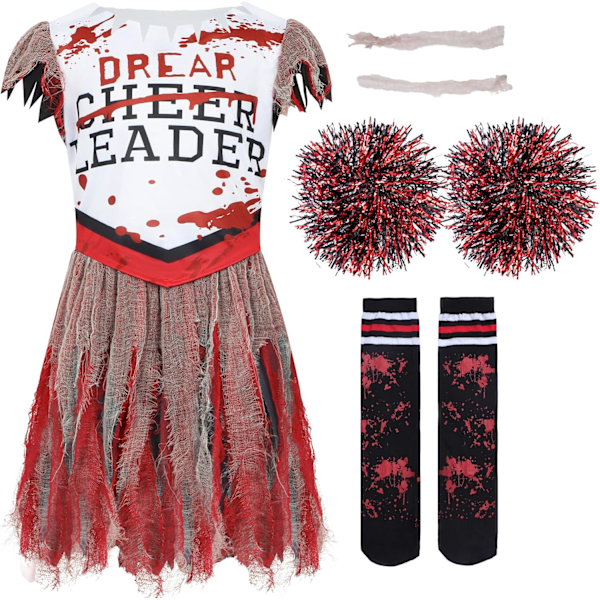 Pige Scary Bloody Cheerleader Kostume, Zombie Cheerleader Kostume til Halloween Kostumefester Vit-röd X-Large (12-14 yrs)