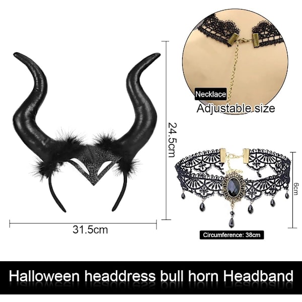 Justerbar Gothic Horn Huvudband och Spets Halsband Ond Häxa Kostym Cosplay Tillbehör för Kvinnor-1