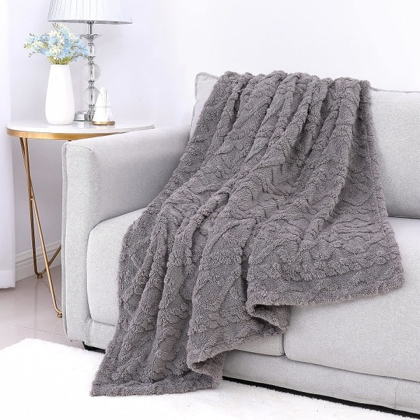 IC Sherpa fleece tæppe - 3D Stilfuldt design, superblødt, fluffy, varmt, hyggeligt, plys, lodden til sofa stue seng-Alle, 50\" x 70\" grå
