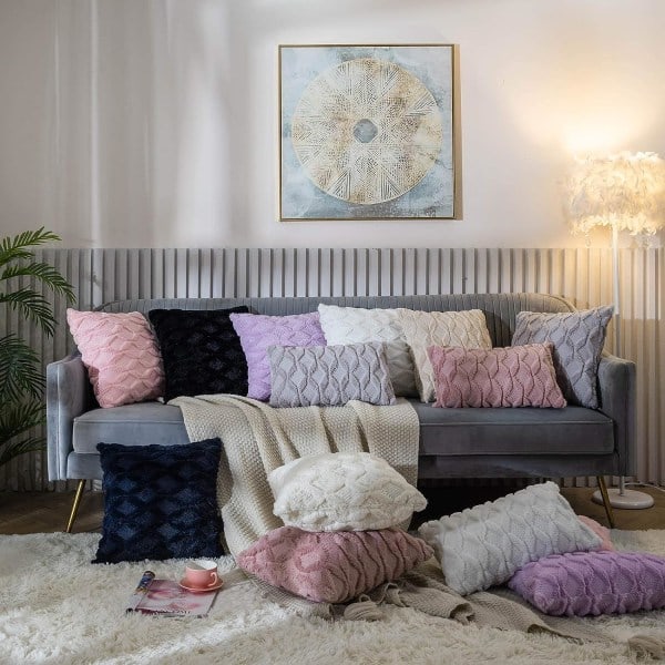 IC Dekorativa dobbeltsidige putetrekk i plysj, pakke med 2 luksuriøse korte trekk for sovesofa soverom, 16x16 tommer, rosa