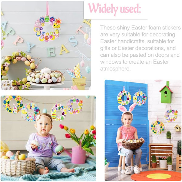 8 stk DIY påskekrans, DIY påskeposer, krans til dekorering med skumklistremerker, DIY-aktiviteter for barn, påskedekorasjon