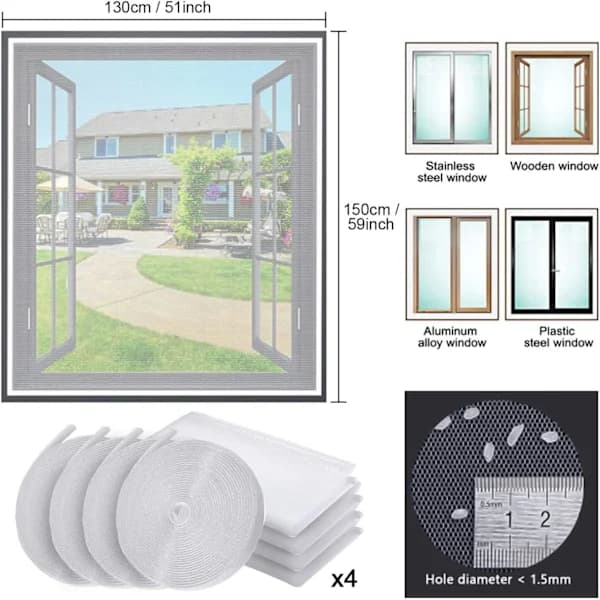 Cuttable Mosquito Net for Windows, Set of 4 Mosquito Net Window Insect Screens, Improved Anti-Insect Fly Screen with Tape Fine Mesh